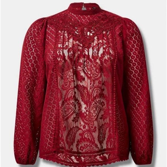 Torrid Red Lace Blouse, Long Sleeve, Puff Sleeves, Vintage inspired - Picture 4 of 16
